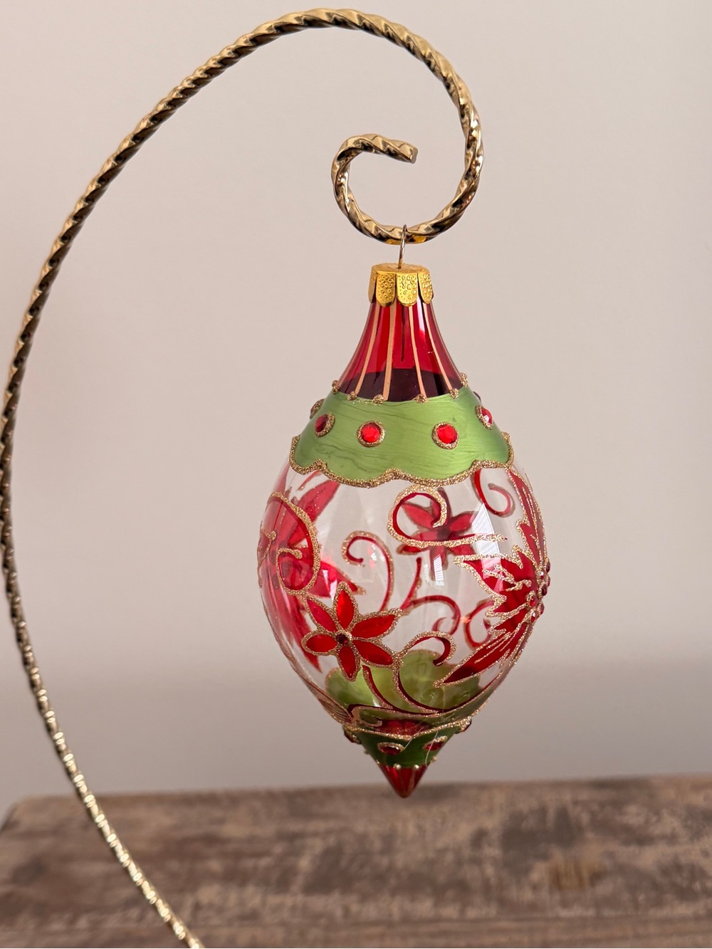 Vintage Style Glass Teardrop Poinsettia Christmas Ornament JS Mark- Excel. Cond.